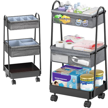 3 Tier Rolling Cart-Baby Diaper Caddy Organizer Cart Newborn Baby Nursery Essentials Large Capacity Easy to Assemble for Bedroom