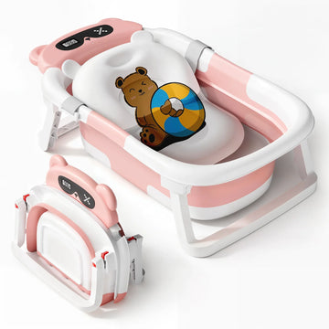 Baby Tub With Soft Cushion And Thermometer Foldable Baby Bathtub With Drain Hole Durable Foldable Baby Bath Tub Newborn To Toddl